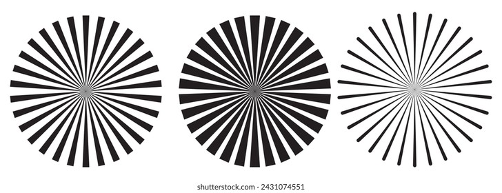 Vintage sunburst collection. Bursting sun rays. Fireworks starburst logotype. Radial sunset beams. Sunburst vector rays set.