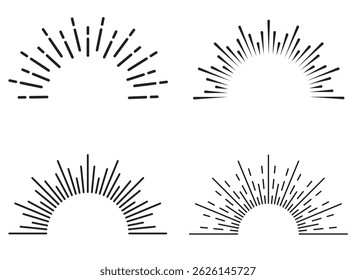 Vintage sunburst collection. Bursting sun rays. Fireworks. Logotype or lettering design element. Radial sunset beams. Vector illustration