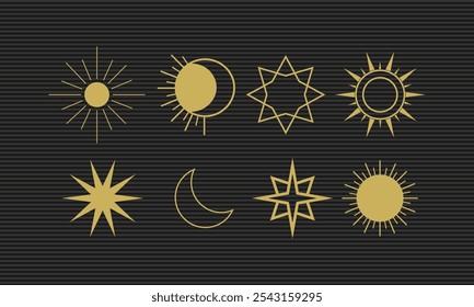 Coleção de Sunburst Vintage Ilustração de Vetor EPS para Designs Estéticos Retrô, Perfeito para Branding, Logotipos, e Elementos Decorativos em Shutterstock