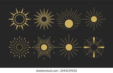 Coleção de Sunburst Vintage Ilustração de Vetor EPS para Designs Estéticos Retrô, Perfeito para Branding, Logotipos, e Elementos Decorativos em Shutterstock