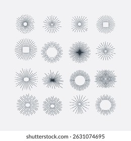 Vintage sunburst collection. Fireworks. Logotype or lettering design element. Radial sunset beams. Vector illustration.