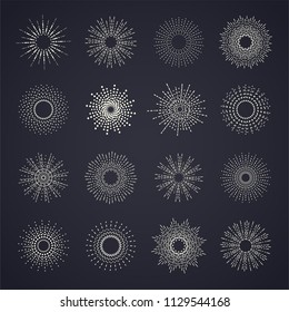 Vintage sunburst collection with geometric shape. Elements for icons and logos. Badge and burst, ray graphic, light ray, vintage design, collection element radial.. Vector illustration.