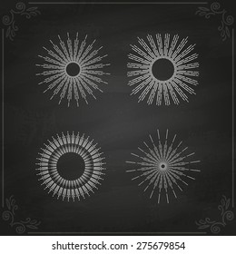 Vintage sunburst collection on chalkboard. Vector illustration.