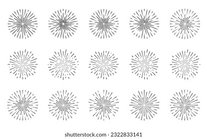 Vintage sunburst collection. Radial sunset beams isolated on white background. Different shapes circle bursting sun rays ink hand drawn hipster frames. Fireworks explosion light blast trendy effect