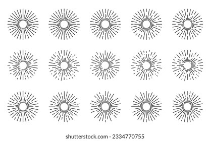 Vintage sunburst collection. Radial sunset beams isolated on white background. Different shapes circle bursting sun rays ink hand drawn hipster frames. Fireworks explosion light blast trendy effect