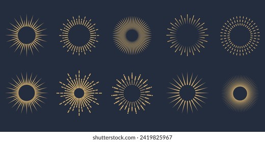 Conjunto vintage de colección de ráfagas de sol. Arrojando rayos solares dorados. Fuegos artificiales. Vigas de sol radiales. Logotipo o elemento de diseño de letras. Vigas de sol radiales. Ilustración vectorial.