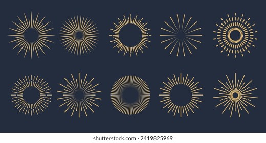 Vintage sunburst collection. Retro gold Sun burst shapes. Bursting golden sun rays. Vintage light starburst labels, badges, Fireworks, Logo type or lettering design element. Radial sunset beams.