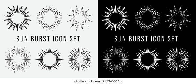 Vintage sunburst collection. Retro Sun burst shapes. Bursting sun rays. Vintage light starburst labels, badges, Fireworks element. Radial sunset beams.
