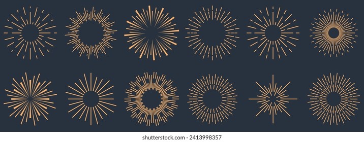 Vintage sunburst collection.Retro gold Sun burst shapes. Bursting golden sun rays. Vintage light starburst labels, badges,Fireworks,Logotype or lettering design element. Radial sunset beams. 