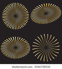 Vintage sunburst collection.Retro gold Sun burst shapes. Bursting golden sun rays. Vintage light starburst labels, badges,Fireworks,Logotype or lettering design element. Radial sunset beams.