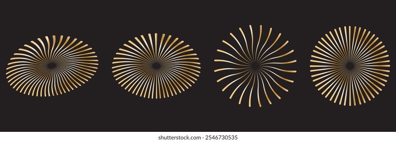 Vintage sunburst collection.Retro gold Sun burst shapes. Bursting golden sun rays. Vintage light starburst labels, badges,Fireworks,Logotype or lettering design element. Radial sunset beams.