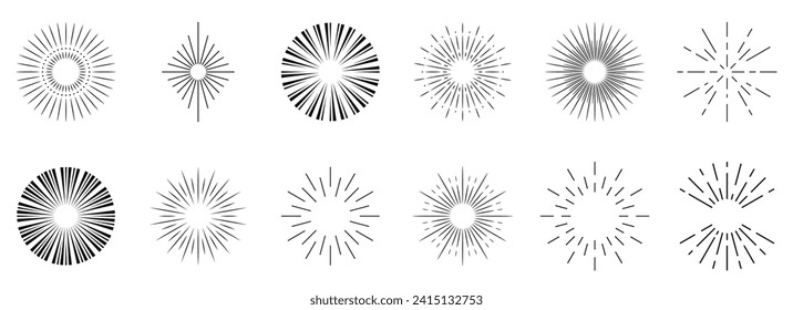 Vintage sunburst collection.Retro Sun burst shapes. Bursting sun rays. Vintage light starburst labels, badges,Fireworks,Logotype or lettering design element. Radial sunset beams.