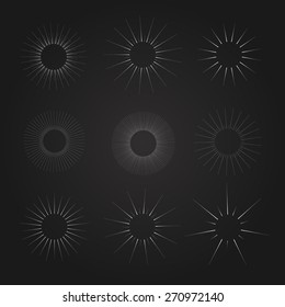 Vintage sunburst design elements collection with geometric shape on black background