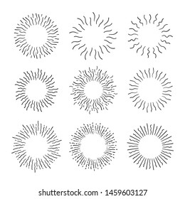 Vintage Sunburst Explosion Hand drawn Design Elements Fireworks Black Rays. Set of Black Sunbursts Graphic Elements.