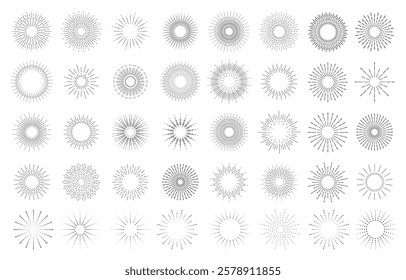 Vintage sunburst and firework explosion decorative elements template for logotype, emblem and banner radiating from the center forming a circle on a white background