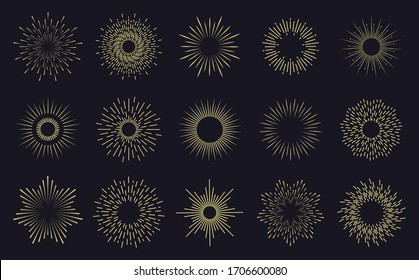 Marcos vintage de ráfagas de sol. Líneas radiantes de ráfagas de sol, insignias de quemaduras de sol dibujadas a mano, fuegos artificiales desatan rayos. Los iconos vectoriales aislados de estrella radiante se activan. Ilustración de sol radiante de placa dibujada a mano