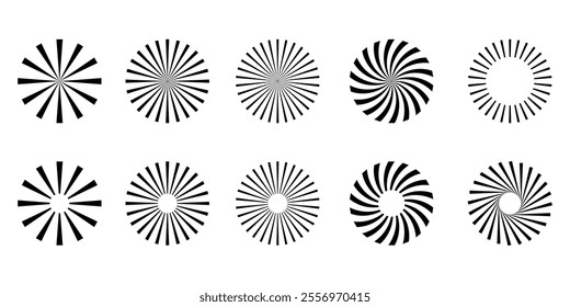 Vintage sunburst icon collection. Bursting sun rays. Fireworks. Logotype or lettering design element. Radial sunset beams.
