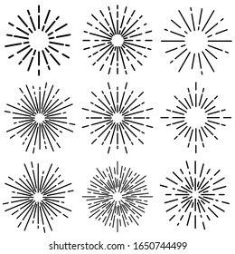 Vintage Sunburst icon vector set. Explosion Hand drawn illustration sign collection. Elements Fireworks, Black Rays.