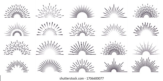 Vintage Sunburst. Retro Radiant Sunburst, Starburst Hand Drawn Label, Sun Rays, Firework Radiant Rays. Bursting Explosion Lines Vector Isolated Icon Set. Sunshine Radial, Starburst Linear Illustration