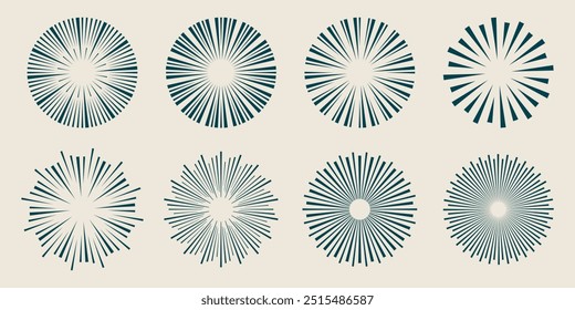 Vintage sunburst set. Sunburst design element collection, Starburst blast, Radiant Spark. Design Elements of retro radiant sunburst, sun rays. Vector