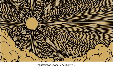 Vintage sunburst sky with radiating lines and clouds in retro engraved style landscape.