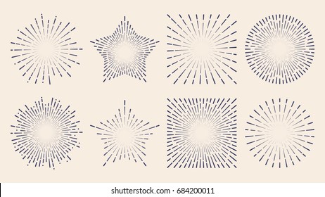 Vintage Sunburst Starburst Abstract Retro Sunshine Line Splash. Vector Illustration Set