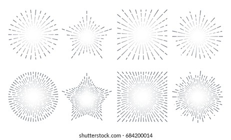 Vintage sunburst starburst abstract retro sunshine line splash. Vector illustration set