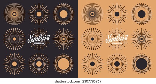 Vintage sunburst, sunset beams collection. Hand drawn bursting sun, light rays. Logotype or lettering design element in retro style. Vector illustration