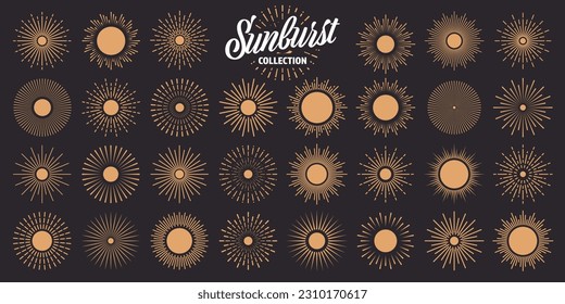 Vintage sunburst, sunset beams collection. Hand drawn bursting sun, light rays. Logotype or lettering design element in retro style. Vector illustration