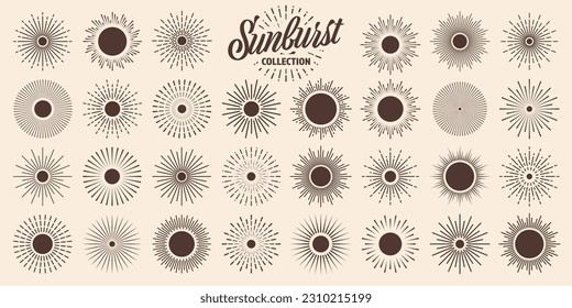 Vintage sunburst, sunset beams collection. Hand drawn bursting sun, light rays. Logotype or lettering design element in retro style. Vector illustration