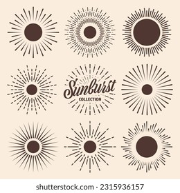 Vintage sunburst, sunset beams collection. Hand drawn bursting sun, light rays. Logotype or lettering design element in retro style. Vector illustration