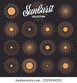 Vintage sunburst, sunset beams collection. Hand drawn bursting sun, light rays. Logotype or lettering design element in retro style. Vector illustration