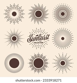 Vintage sunburst, sunset beams collection. Hand drawn bursting sun, light rays. Logotype or lettering design element in retro style. Vector illustration