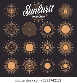 Vintage sunburst, sunset beams collection. Hand drawn bursting sun, light rays. Logotype or lettering design element in retro style. Vector illustration