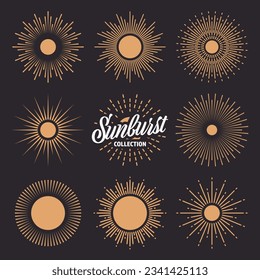 Vintage sunburst, sunset beams collection. Hand drawn bursting sun, light rays. Logotype or lettering design element in retro style. Vector illustration