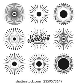 Vintage sunburst, sunset beams collection. Hand drawn bursting sun, light rays. Logotype or lettering design element in retro style. Vector illustration