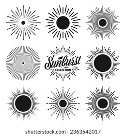 Vintage sunburst, sunset beams collection. Hand drawn bursting sun, light rays. Logotype or lettering design element in retro style. Vector illustration