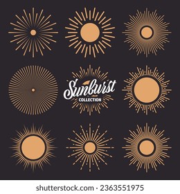 Vintage sunburst, sunset beams collection. Hand drawn bursting sun, light rays. Logotype or lettering design element in retro style. Vector illustration