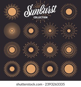 Vintage sunburst, sunset beams collection. Hand drawn bursting sun, light rays. Logotype or lettering design element in retro style. Vector illustration