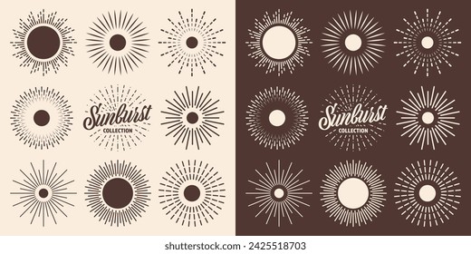Vintage sunburst, sunset beams collection. Hand drawn bursting sun, light rays. Logotype or lettering design element in retro style. Vector illustration