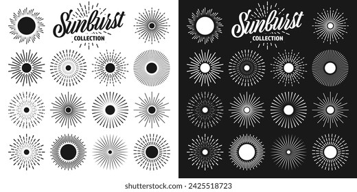 Vintage sunburst, sunset beams collection. Hand drawn bursting sun, light rays. Logotype or lettering design element in retro style. Vector illustration