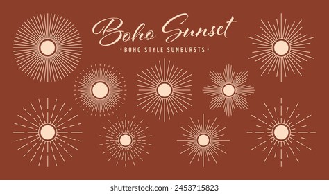 Antiguas sunburst, colección de rayos de sol. Estilo boho, diseño bohemio minimalista moderno. Dibujado a mano de sol reventador, rayos de luz. Logotipo o elemento de diseño de letras en estilo retro. Ilustración vectorial