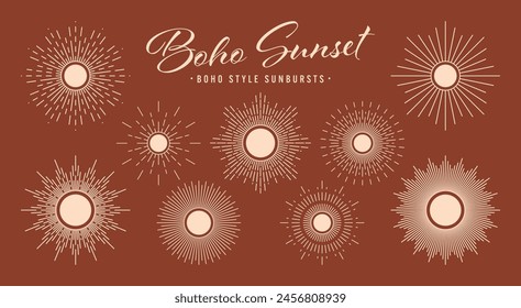 Vintage sunburst, sunset beams collection. Boho style, modern minimalist bohemian design. Hand drawn bursting sun, light rays. Logotype or lettering design element in retro style. Vector illustration