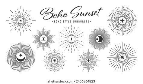 Vintage sunburst, sunset beams collection. Boho style, modern minimalist bohemian design. Hand drawn bursting sun, light rays. Logotype or lettering design element in retro style. Vector illustration