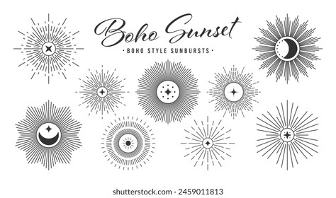 Vintage sunburst, sunset beams collection. Boho style, modern minimalist bohemian design. Hand drawn bursting sun, light rays. Logotype or lettering design element in retro style. Vector illustration