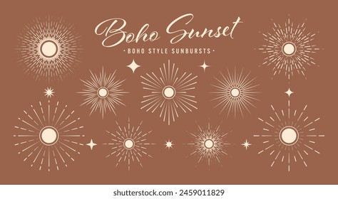 Vintage sunburst, sunset beams collection. Boho style, modern minimalist bohemian design. Hand drawn bursting sun, light rays. Logotype or lettering design element in retro style. Vector illustration
