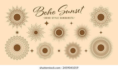 Vintage sunburst, sunset beams collection. Boho style, modern minimalist bohemian design. Hand drawn bursting sun, light rays. Logotype or lettering design element in retro style. Vector illustration