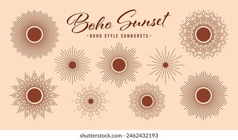 Vintage sunburst, sunset beams collection. Boho style, modern minimalist bohemian design. Hand drawn bursting sun, light rays. Logotype or lettering design element in retro style. Vector illustration