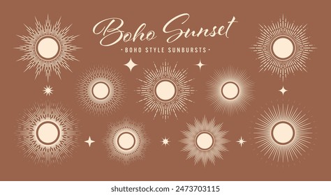 Klassischer Sonnenausbruch, Sonnenuntergang strahlt Kollektion. Boho-Stil, modernes minimalistisches böhmisches Design. Von Hand gezeichnete, platzende Sonne, Lichtstrahlen. Logotyp oder Schriftzug-Designelement im Retro-Stil. Vektorillustration