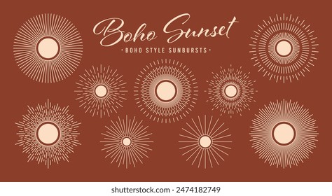 Vintage sunburst, sunset beams collection. Boho style, modern minimalist bohemian design. Hand drawn bursting sun, light rays. Logotype or lettering design element in retro style. Vector illustration.